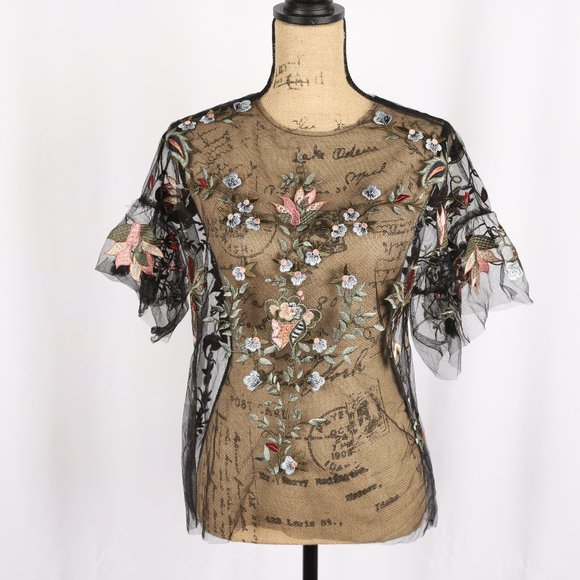 Zara Floral Embroidered Sheer Top Small - Picture 4 of 12